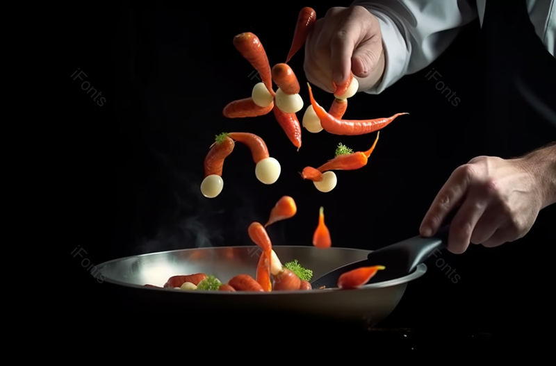 黑色专业厨师颠锅蔬菜红色快速的抛出锅中的食物摄影背景,高清,摄影图,摄影图片,图片大全,摄影图免费下载